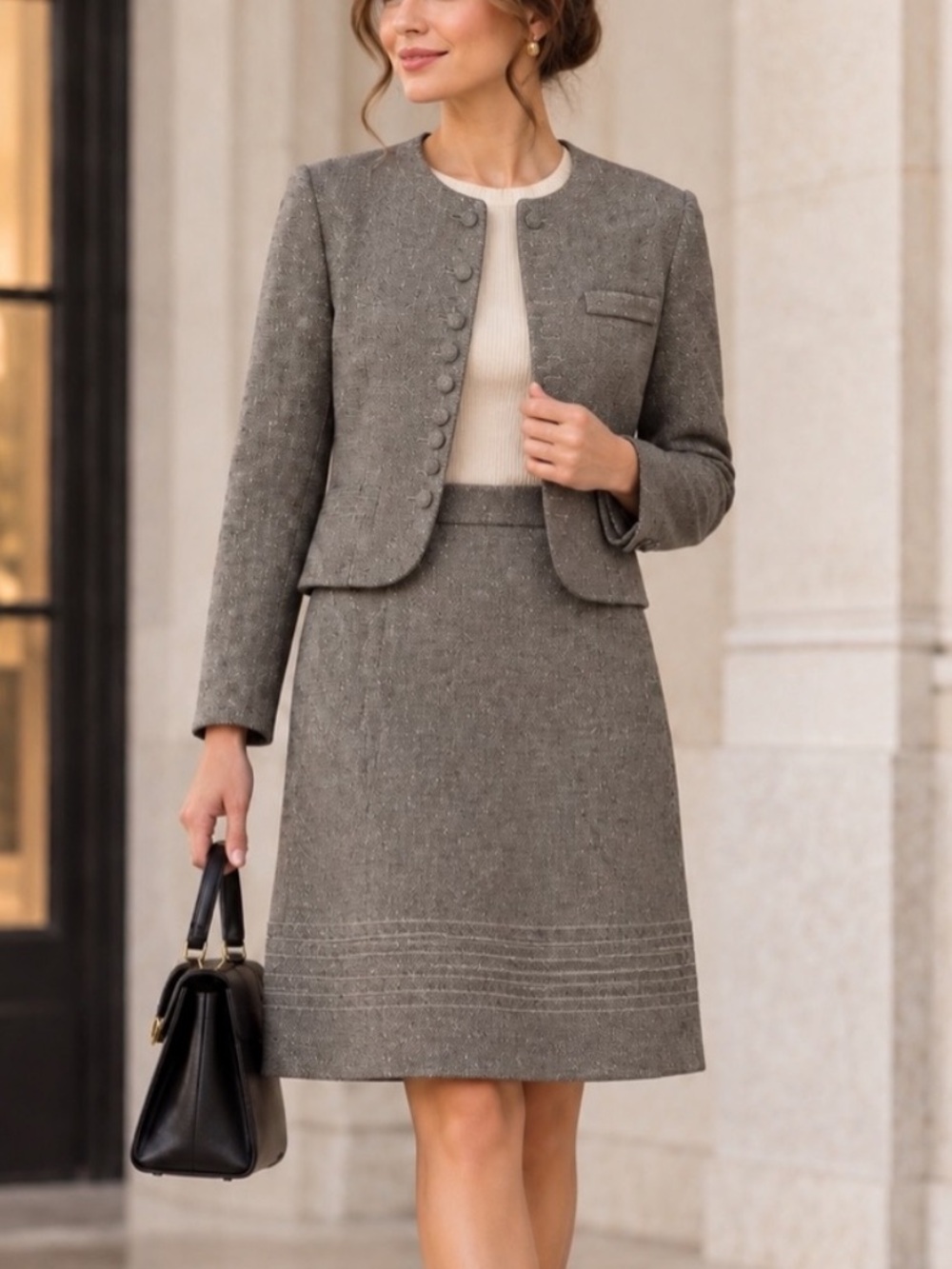 Vintage Pierre Cardin Skirt Suit Set Gray Petite